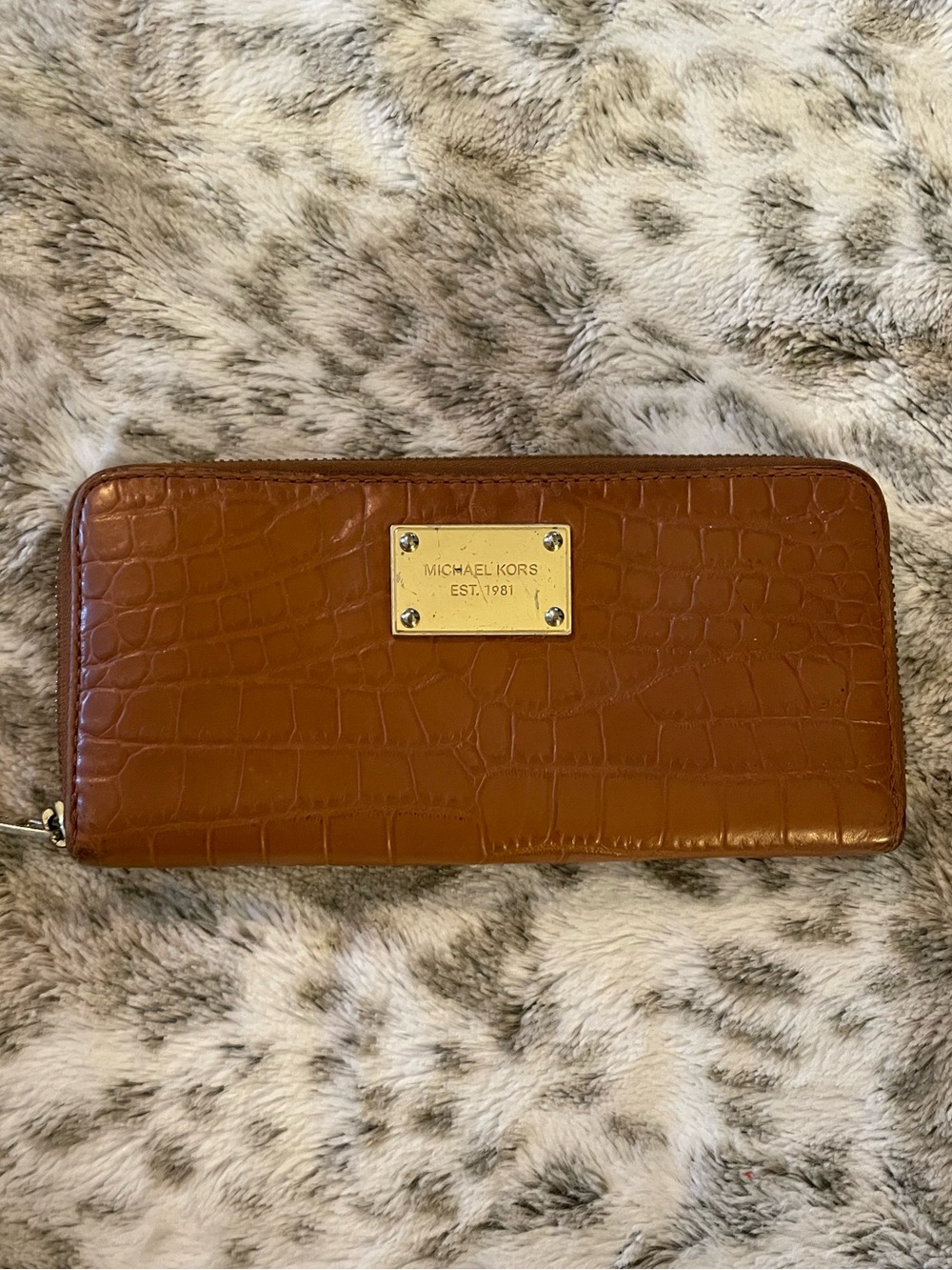 NEW!! Michael Kors Cognac Croc-Embossed Zip Clutch/Wallet with Gold accessories